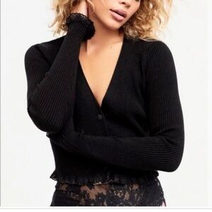 For Love & Lemons Black Ribbed Cardigan – XXS – Lace Trim